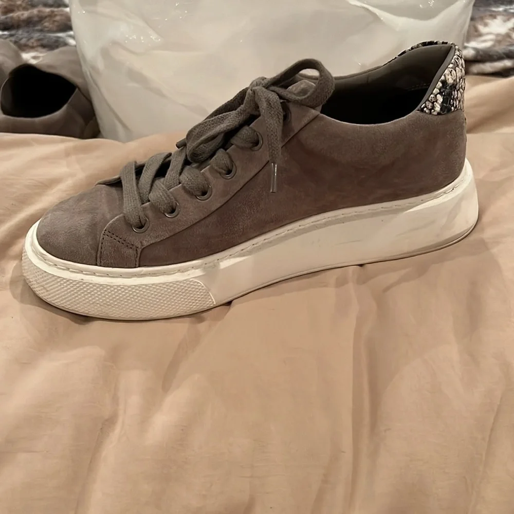 VINCE Gray Suede with Snake Print Heel Lace Up Platform Sneakers